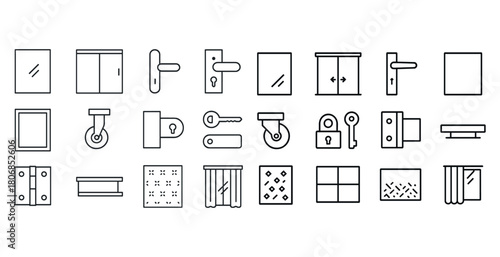Collection of minimalist window and door icons with keys and loc