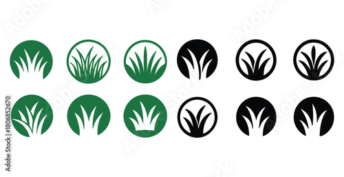 Set of grass icon designs in green and black circles