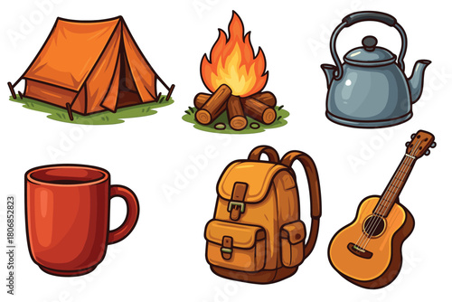 Camping essentials for outdoor adventure and exploration. Set of 6 vector illustration