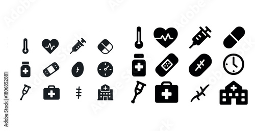 Medical icons set: syringe, heart, pill, thermometer, crutch, ba