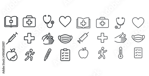 Health and wellness icon set including medical, fitness, and hyg