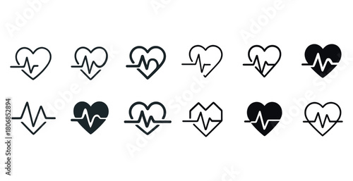 Heart ecg icon set: assorted heartbeat line designs in black and