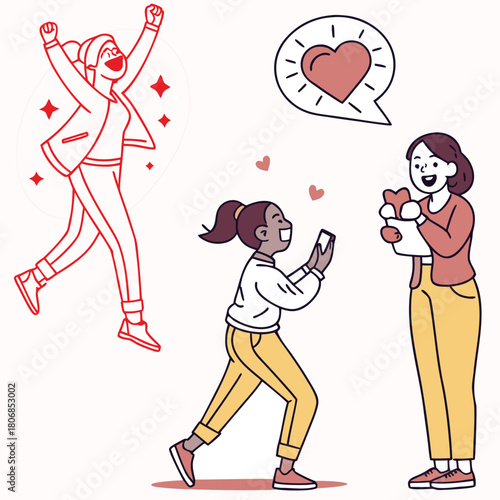 Happy people. Vector Illustrations of people showing feelings of happiness, joy, love, gratitude, and celebrating milestones, success, laughing and looking fun, for social media, business, marketing.