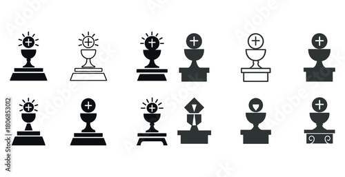 Set of twelve monstrance icons in black and white for religious