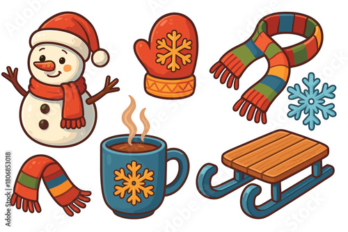 Cheerful winter collection with snowman, mittens, and coffee mug. Set of 6 vector illustration