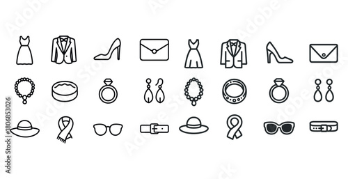 Collection of fashion accessory icons featuring jewelry, shoes,