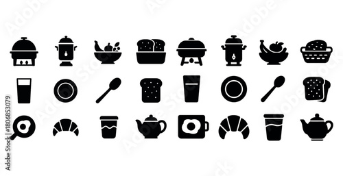 Collection of breakfast essential icons: pancakes, coffee, fruit