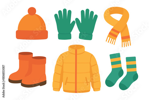 Warm winter clothing set for outdoor activities and cold weather. Set of 6 vector illustration