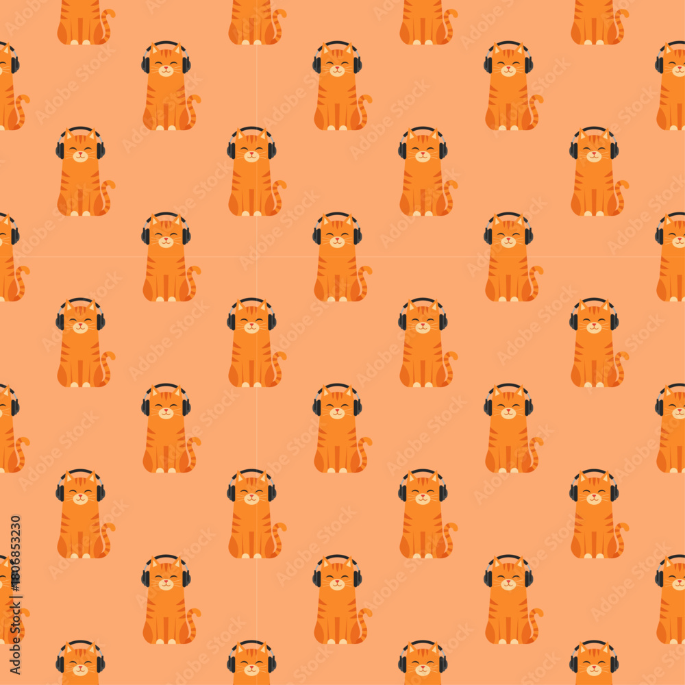 Fototapeta premium Seamless Pattern of Cool Orange Tabby Cats Wearing Headphones. Music and Pet Lifestyle Design.