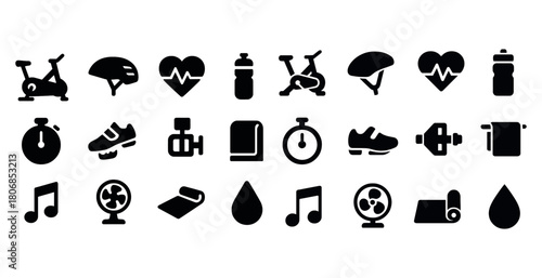 Icon set: fitness equipment, heart, hydration, stopwatch, music,