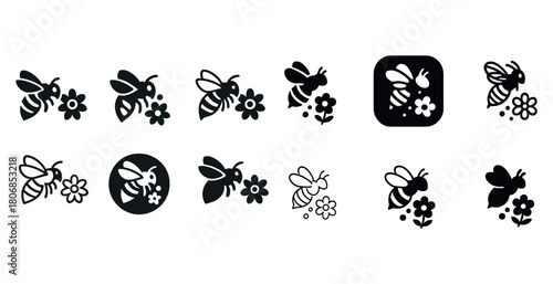 Bee and flower icon set: simple black silhouettes of bees and bl