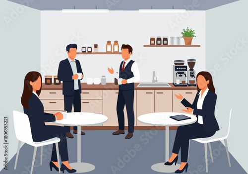 Business meeting in a break room with coffee station and people discussing work during a casual discussion in a modern office setting