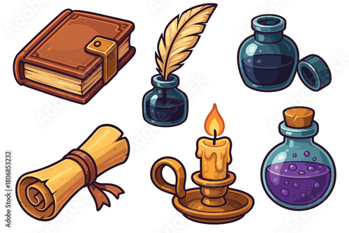 Magical potion ingredients and writing tools for fantasy theme. Set of 6 vector illustration