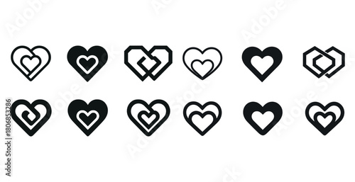 Diverse heart icon set featuring various geometric and abstract