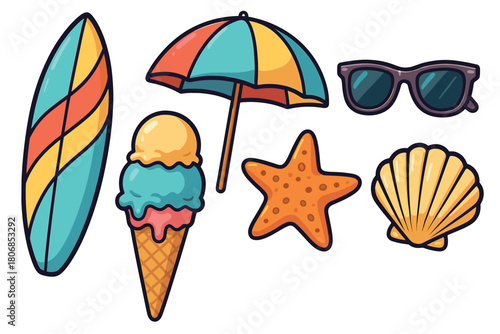 Summer vacation essentials for fun at the beach with friends. Set of 6 vector illustration