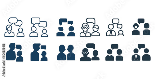 Diverse people icons with speech bubbles in various conversation