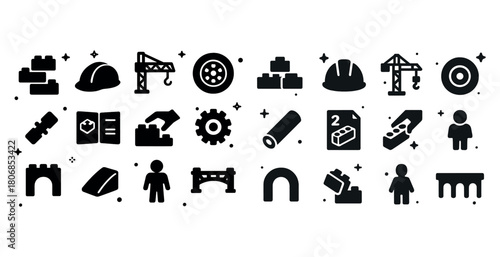 Construction icons: building equipment, tools, and structures