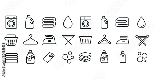 Line icons of laundry essentials: washer, detergent, iron, cloth