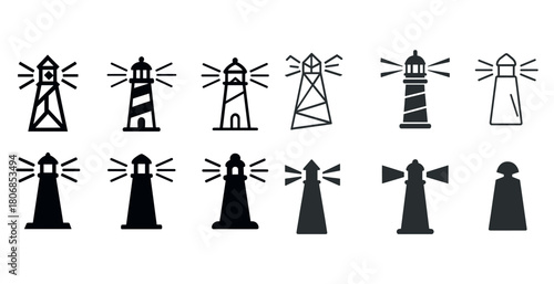Set of 12 diverse lighthouse icons in black and white silhouette
