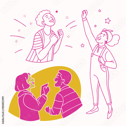 Happy people. Vector Illustrations of people showing feelings of happiness, joy, love, gratitude, and celebrating milestones, success, laughing and looking fun, for social media, business, marketing.