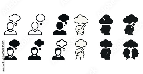 Silhouette icons of people with thought bubbles in various style