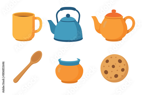 Cozy tea time setup with mugs, teapots, and cookies for relaxation. Set of 6 vector illustration