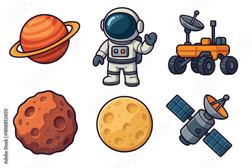 Space exploration theme with astronaut, planets, and rovers. Set of 6 vector illustration