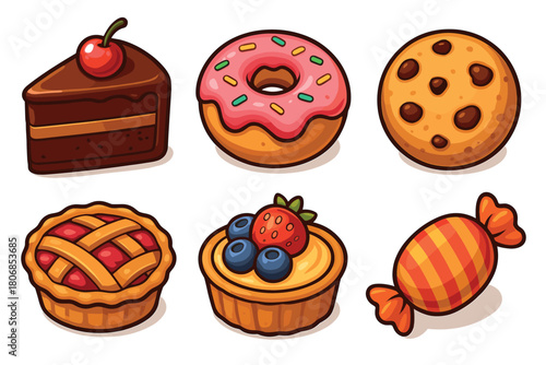 Sweet dessert collection for festive occasions and celebrations. Set of 6 vector illustration