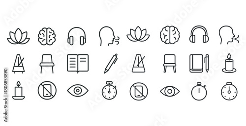Mindfulness and focus icons: meditation, brain, headphones, crea