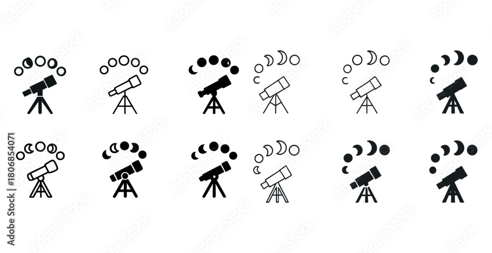 Naklejka premium Telescope and moon phases silhouette icons in black and white
