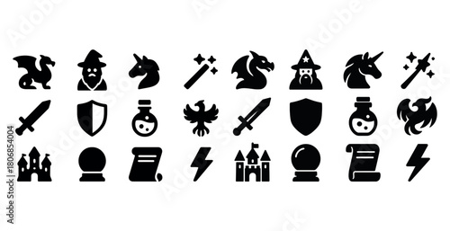 Fantasy icon set: dragons, wizards, unicorns, and castles in bol
