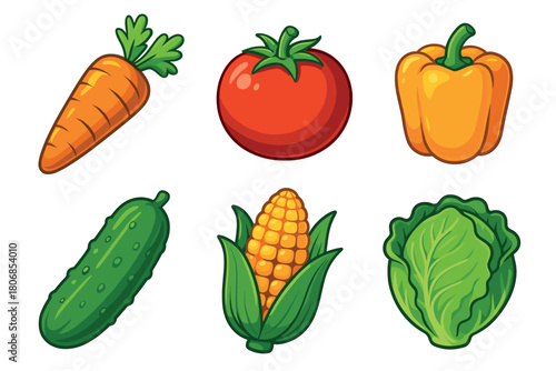 Fresh vegetables selection for healthy cooking and meals. Set of 6 vector illustration