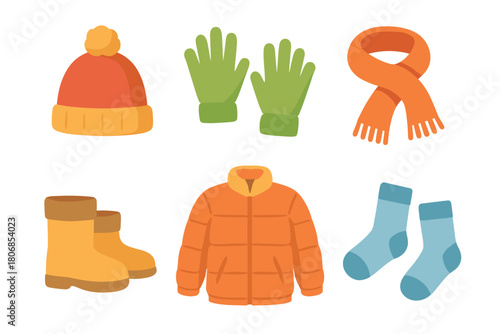 Warm winter clothing collection for cold weather activities. Set of 6 vector illustration