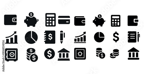 Financial icons set featuring wallets, piggy banks, calculators,