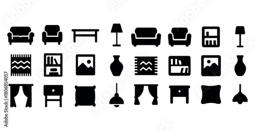 Collection of home furniture and decor icons featuring armchair,