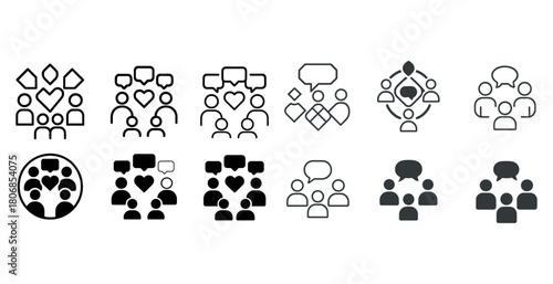 Set of black and white social connection icons featuring hearts
