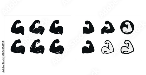 Various arm muscle flexing icons in black and white