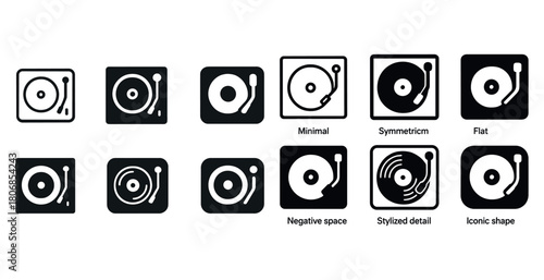Icons of vinyl records: minimal, symmetric, flat, stylized, icon