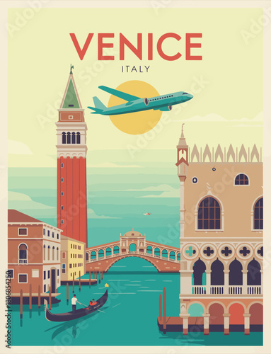 Venice City landmarks travel poster design featuring vintage vector illustration, famous venetian buildings, scenic canal views, classic tourism themes, and detailed vacation artwork on a white 