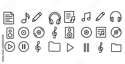 Music icons set: headphones, notes, cds, speakers, play buttons