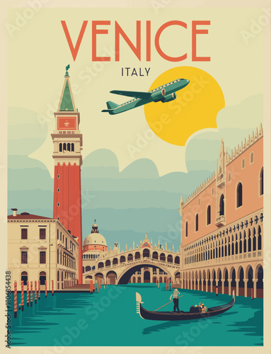 Venice travel poster with retro illustration style, showcasing famous landmarks, scenic waterways, historic buildings, and classic tourism concepts ideal for wall art and design collections.