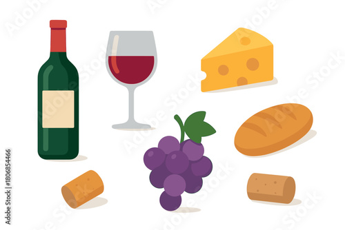 Wine and cheese platter perfect for casual gatherings. Set of 6 vector illustration