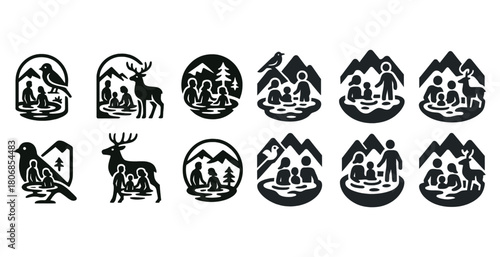 Silhouette nature icons: animals, mountains, and families in sce
