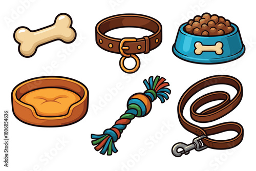 Essential dog accessories for pet care and playtime experiences. Set of 6 vector illustration