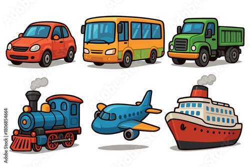 Various modes of transport for travel and adventure design. Set of 6 vector illustration