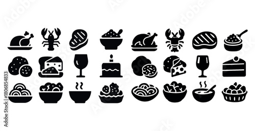 Assorted black food icons including pasta, meat, desserts, and d
