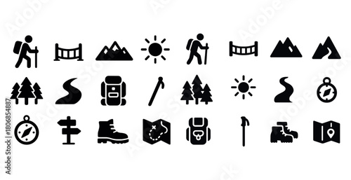 Hiking and outdoors icons: backpacking, compass, mountains, and