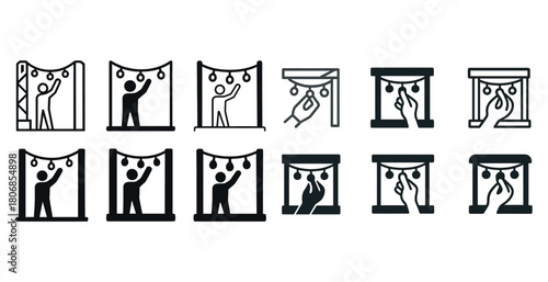 Minimalist theater icons: stage, light, curtains with human figu