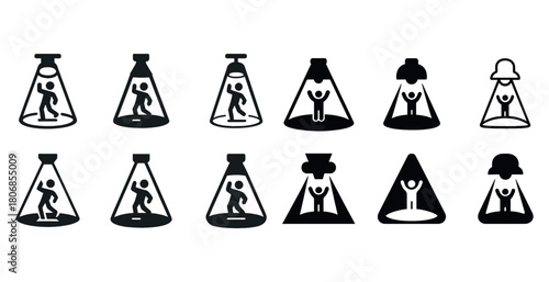 Silhouette icons of figures in various spotlight designs