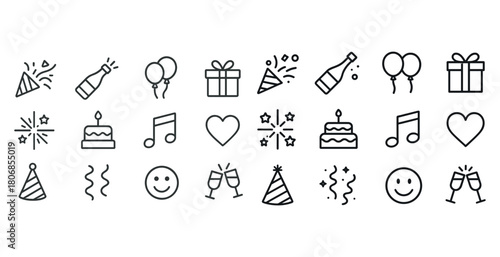 Party celebration icons set with balloons, cakes, gifts, and mus